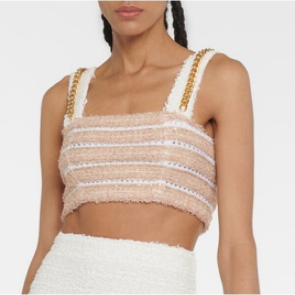 Balmain Paris Women’s Embellished Boucle Straps Chain Tweed Crop Top Sz 42